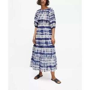 Mango MNG Women’s Size 8 Medium Blue White Cotton Puff Sleeve Midi Maxi Dress